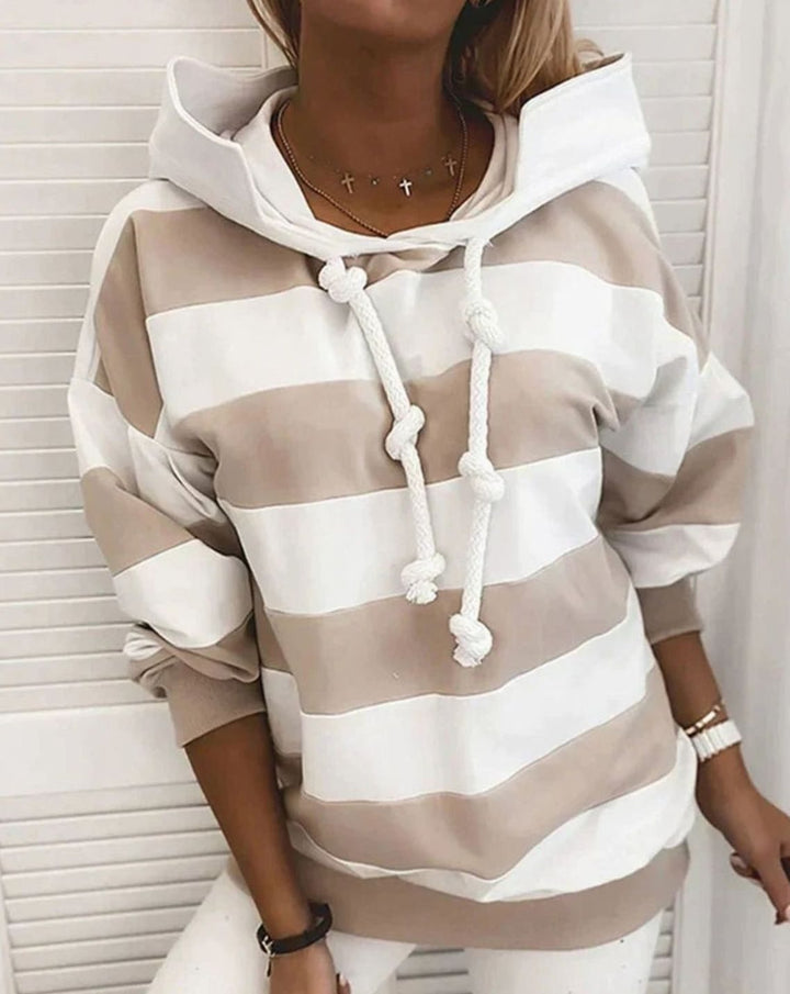 Women's Nautical Stripe Pullover Hoodie Drawstring Sweatshirt - Beige