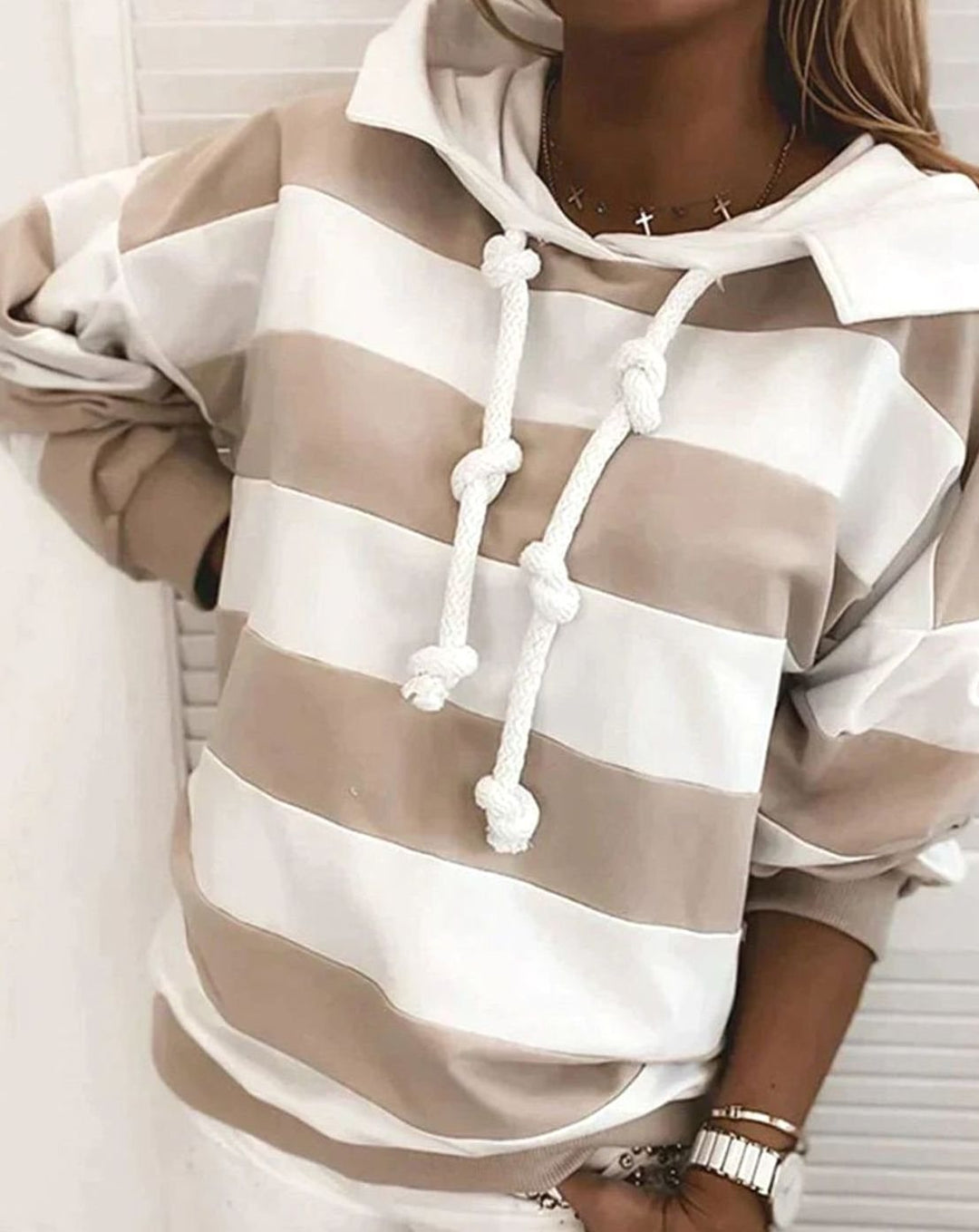 Women's Nautical Stripe Pullover Hoodie Drawstring Sweatshirt