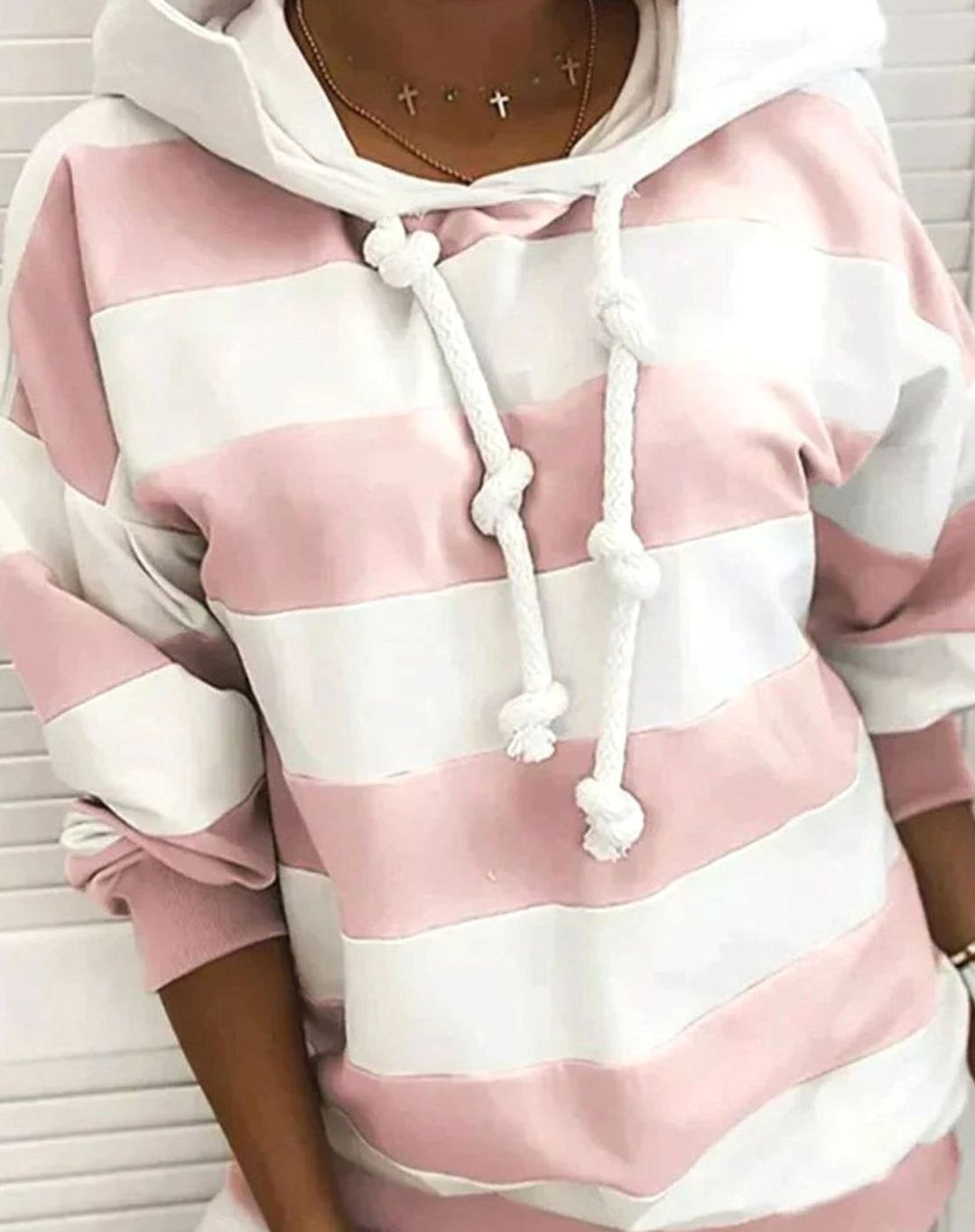 Women's Nautical Stripe Pullover Hoodie Drawstring Sweatshirt - Pink