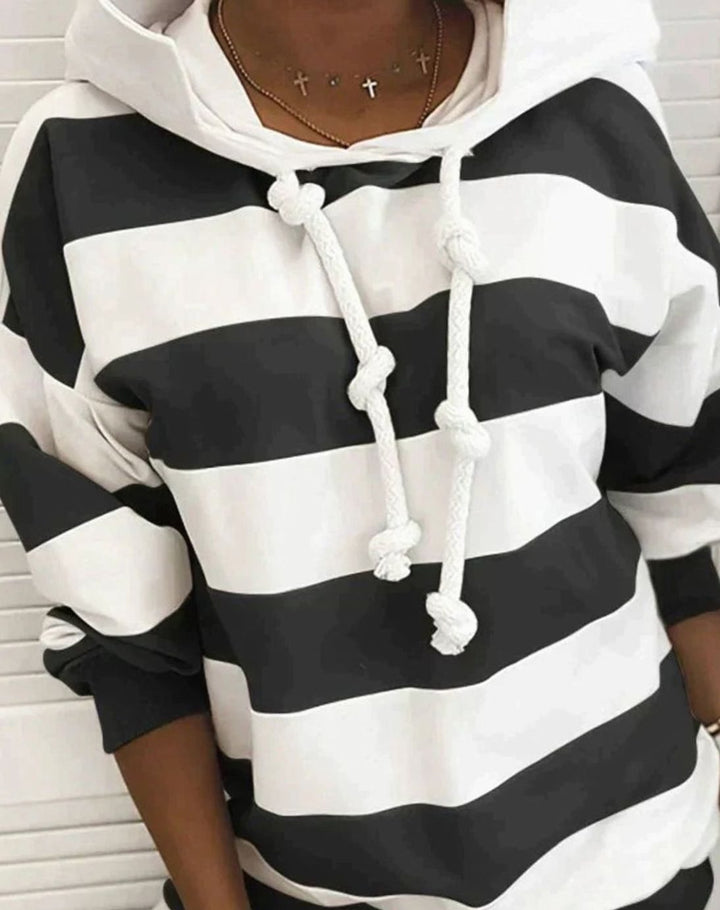 Women's Nautical Stripe Pullover Hoodie Drawstring Sweatshirt - Black