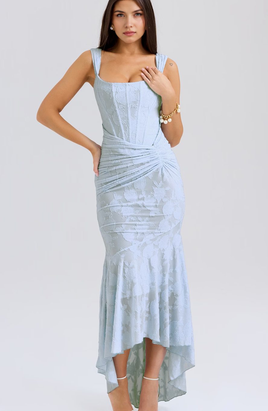 Women's Off-Shoulder Floral Boned-Bodice Mermaid Maxi Dress - Baby Blue