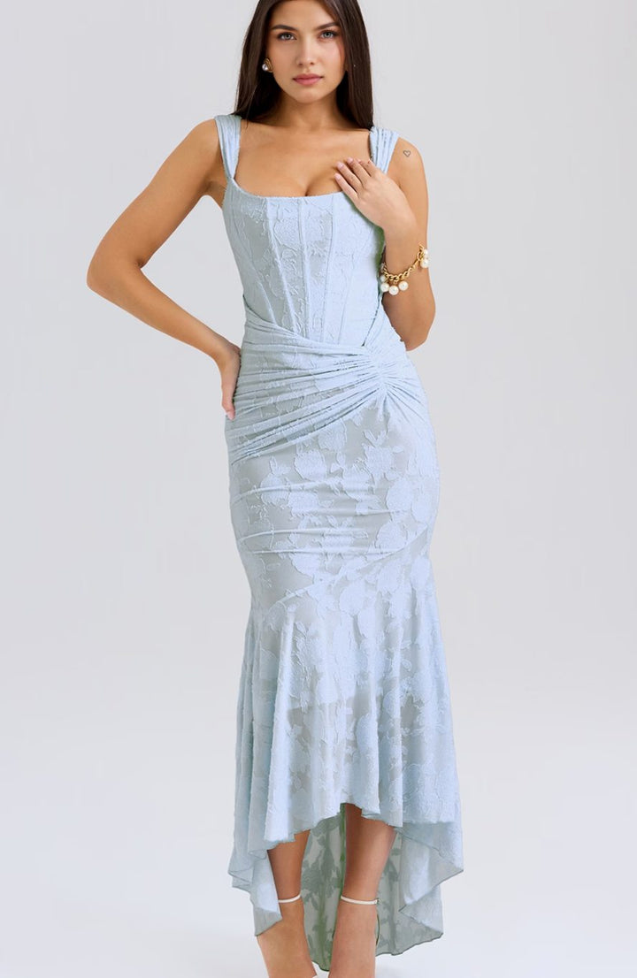 Women's Off-Shoulder Floral Boned-Bodice Mermaid Maxi Dress - Baby Blue