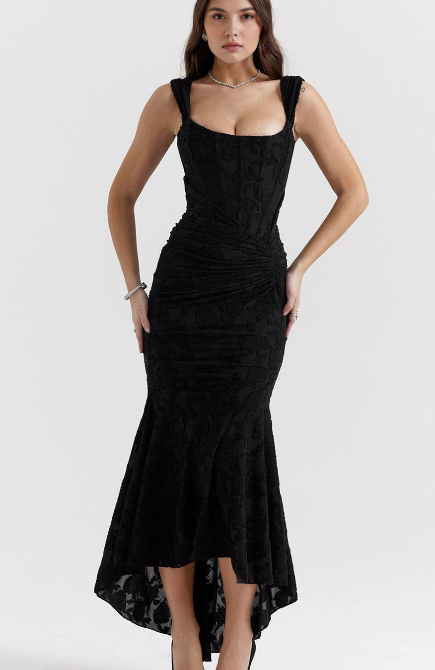 Women's Off-Shoulder Floral Boned-Bodice Mermaid Maxi Dress - Black