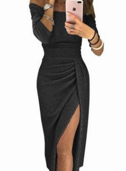 Women's Off-Shoulder Long Sleeve Shimmer Cocktail Dress - Black