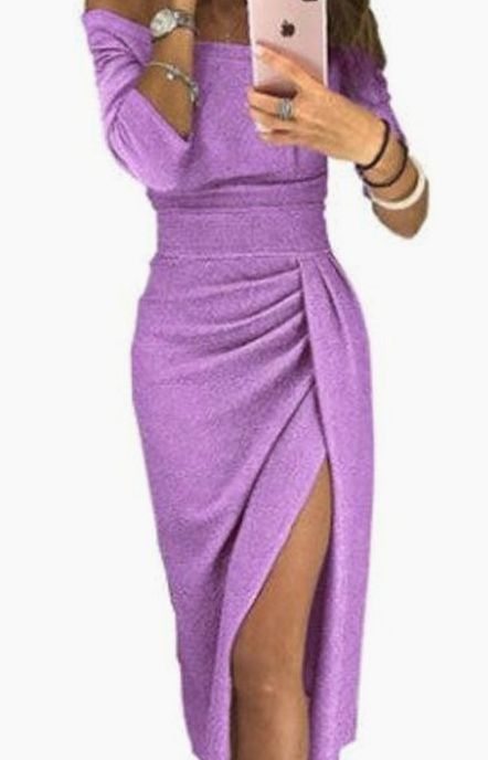 Women's Off-Shoulder Long Sleeve Shimmer Cocktail Dress - Light Purple