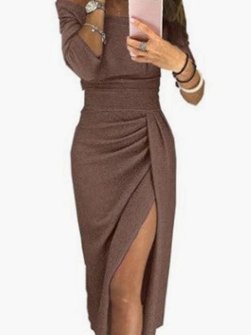 Women's Off-Shoulder Long Sleeve Shimmer Cocktail Dress - Brown