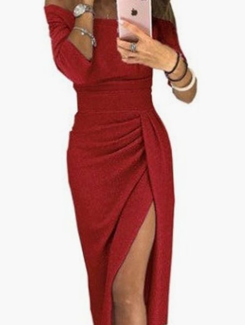 Women's Off-Shoulder Long Sleeve Shimmer Cocktail Dress - Red
