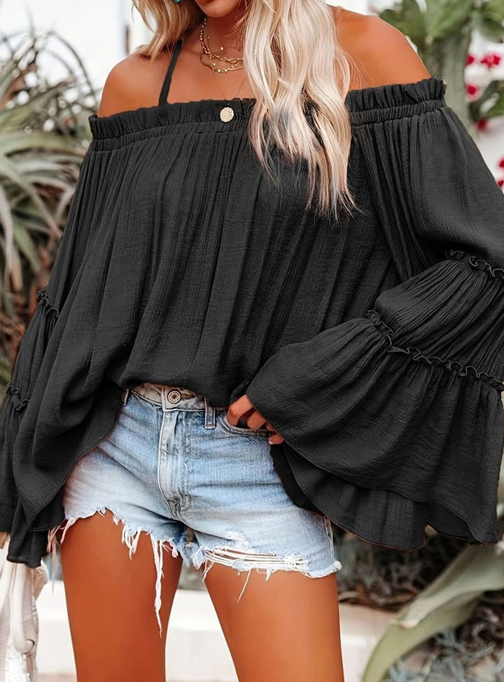 Women's Off-Shoulder Ruffled Flowy Spaghetti Strap Top - Black