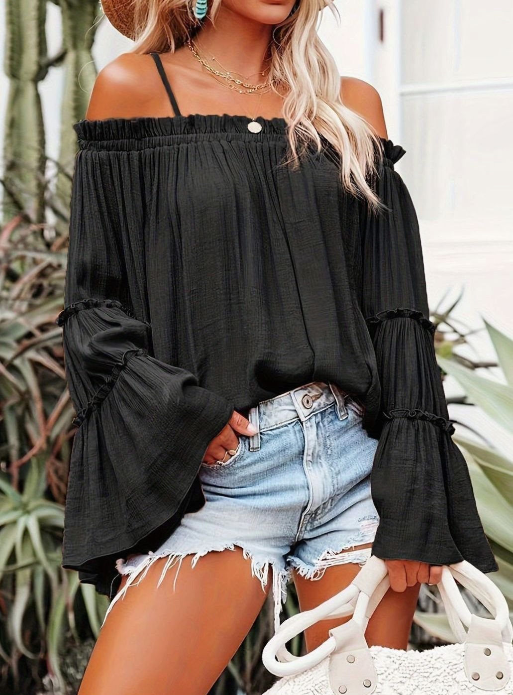 Women's Off-Shoulder Ruffled Flowy Spaghetti Strap Top