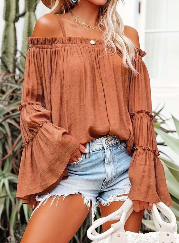 Women's Off-Shoulder Ruffled Flowy Spaghetti Strap Top - Coral
