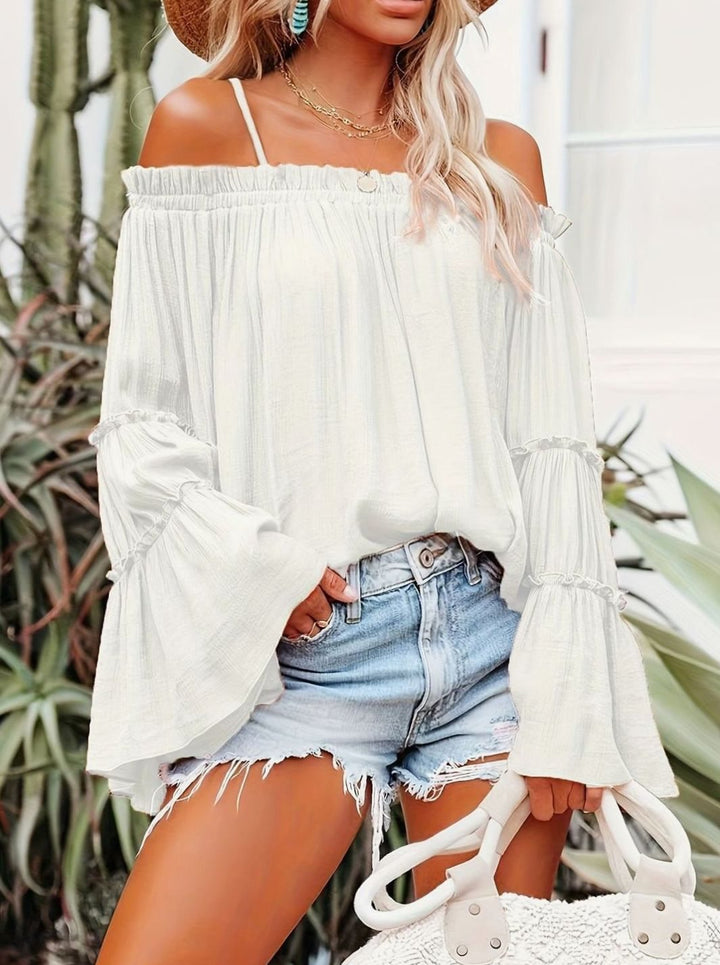 Women's Off-Shoulder Ruffled Flowy Spaghetti Strap Top - White