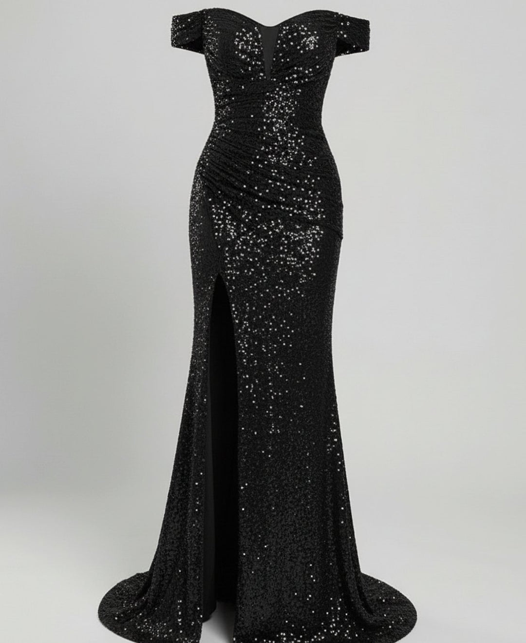 Women's Off-Shoulder Sequin Fitted Maxi Gown with Slit - Black