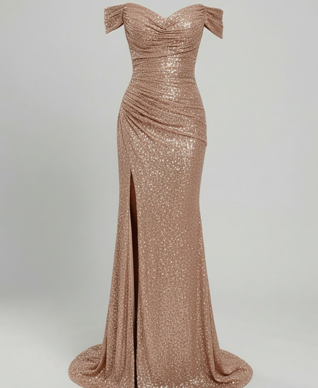 Women's Off-Shoulder Sequin Fitted Maxi Gown with Slit - Champagne