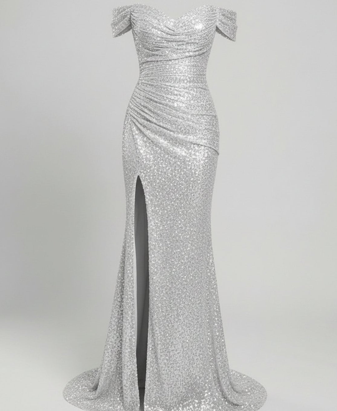 Women's Off-Shoulder Sequin Fitted Maxi Gown with Slit - Silver