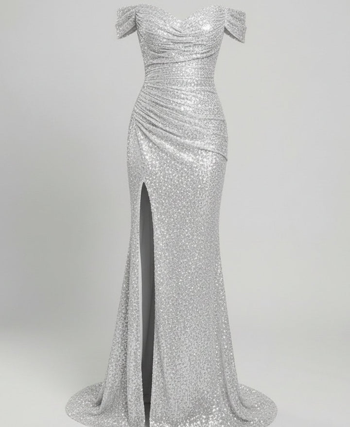 Women's Off-Shoulder Sequin Fitted Maxi Gown with Slit - Silver