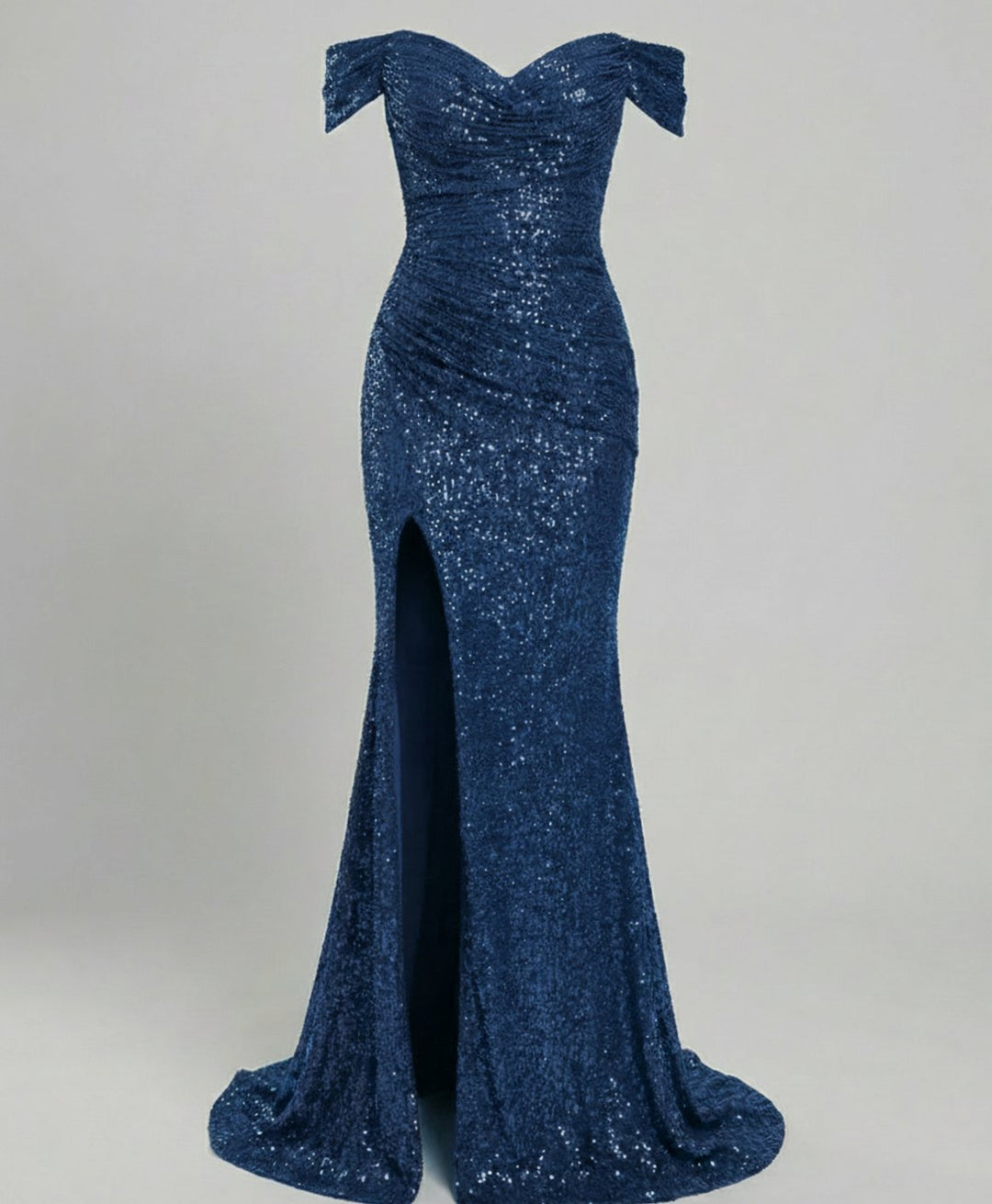Women's Off-Shoulder Sequin Fitted Maxi Gown with Slit - Navy Blue