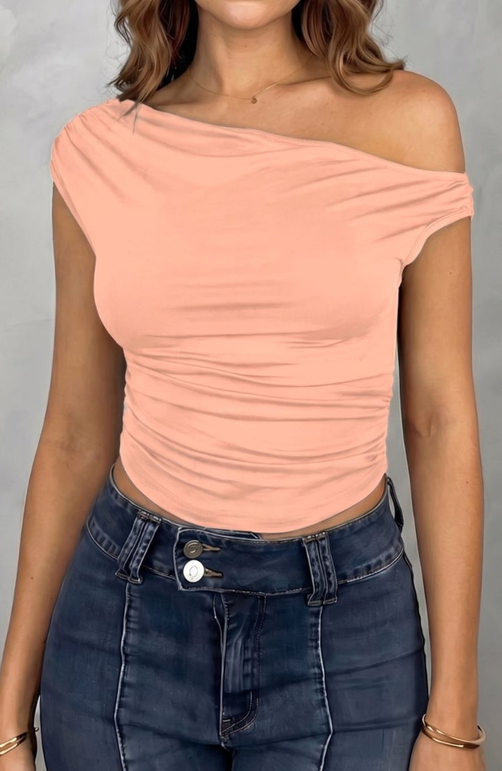Women's Off-the-Shoulder Ruched Crop Top - Pink