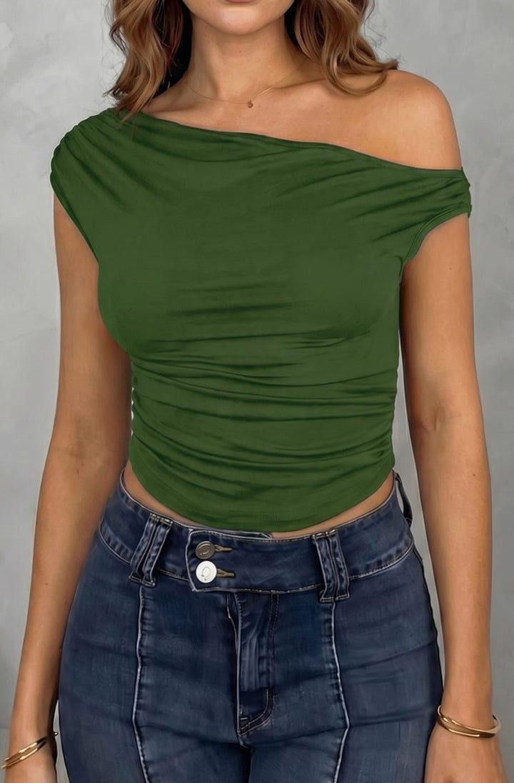 Women's Off-the-Shoulder Ruched Crop Top - Army Green