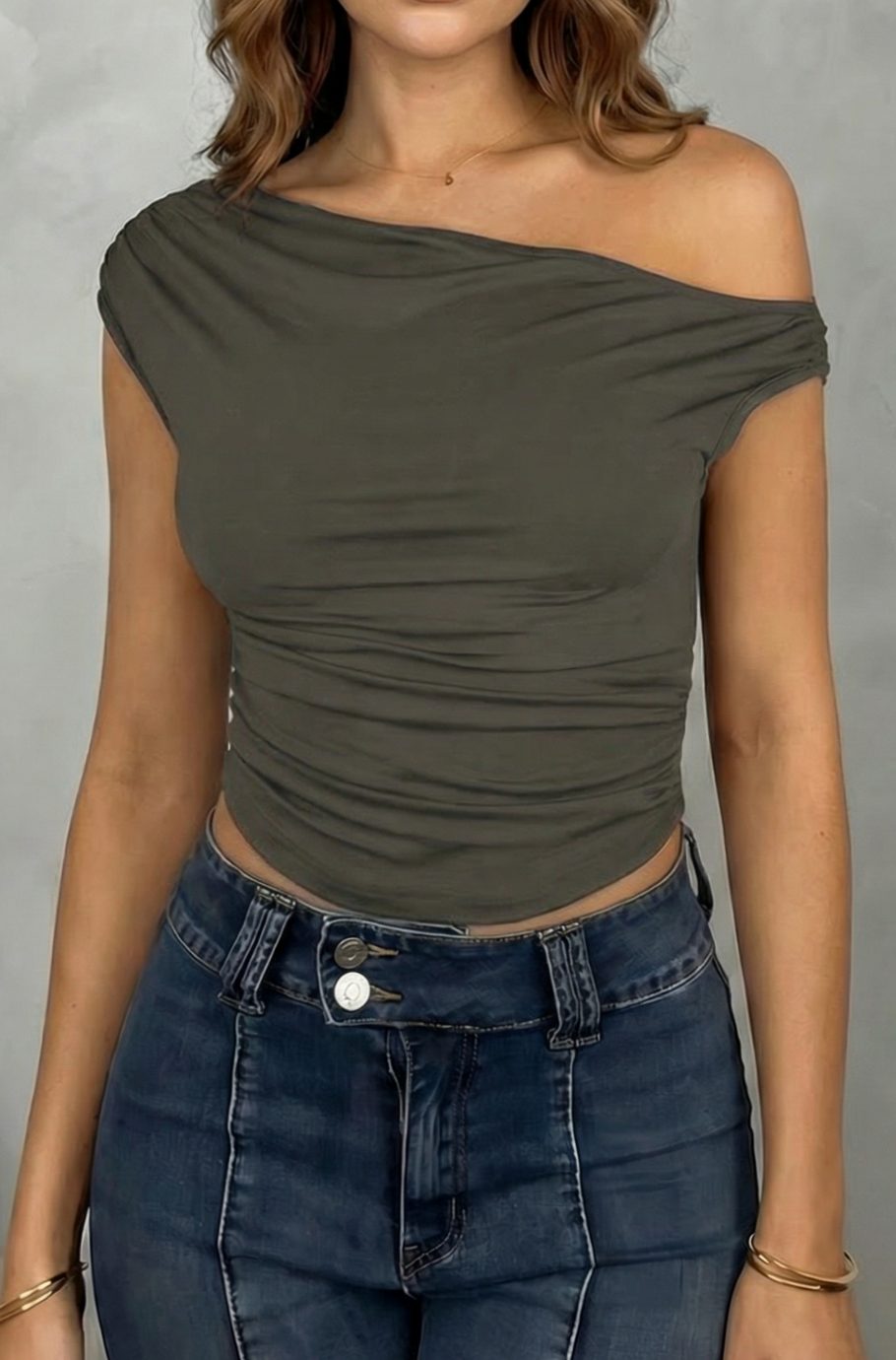 Women's Off-the-Shoulder Ruched Crop Top - Grey