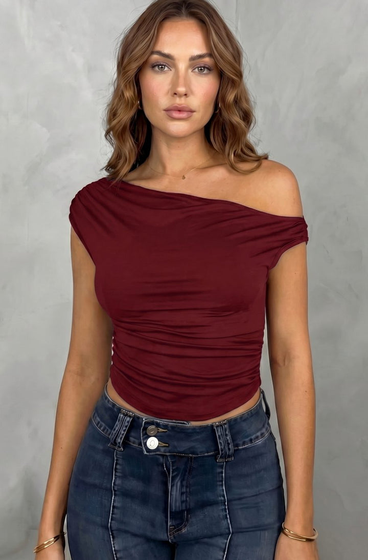 Women's Off-the-Shoulder Ruched Crop Top