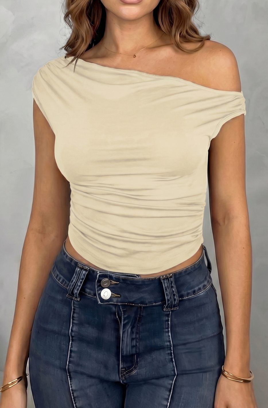 Women's Off-the-Shoulder Ruched Crop Top - Apricot