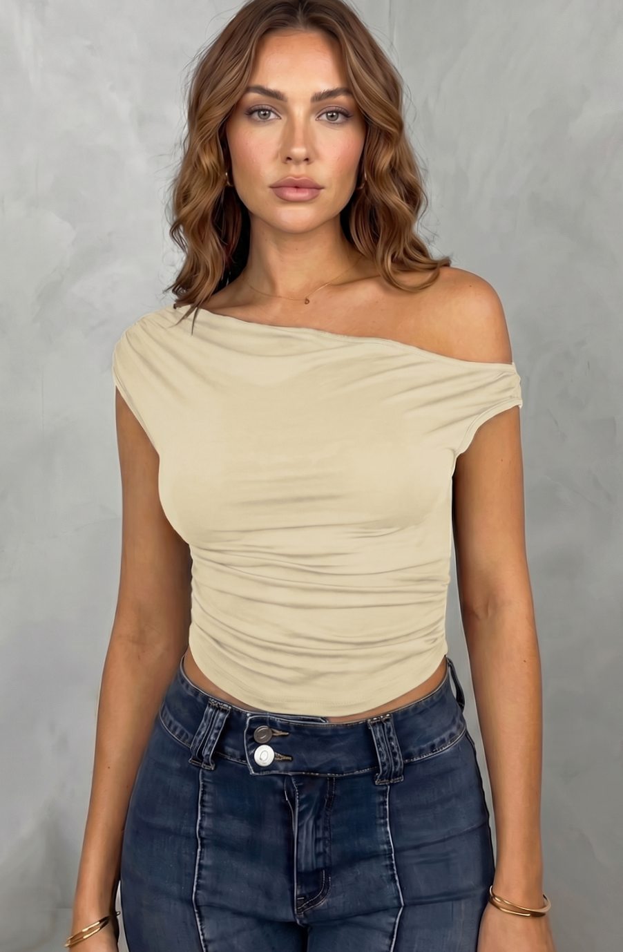 Women's Off-the-Shoulder Ruched Crop Top