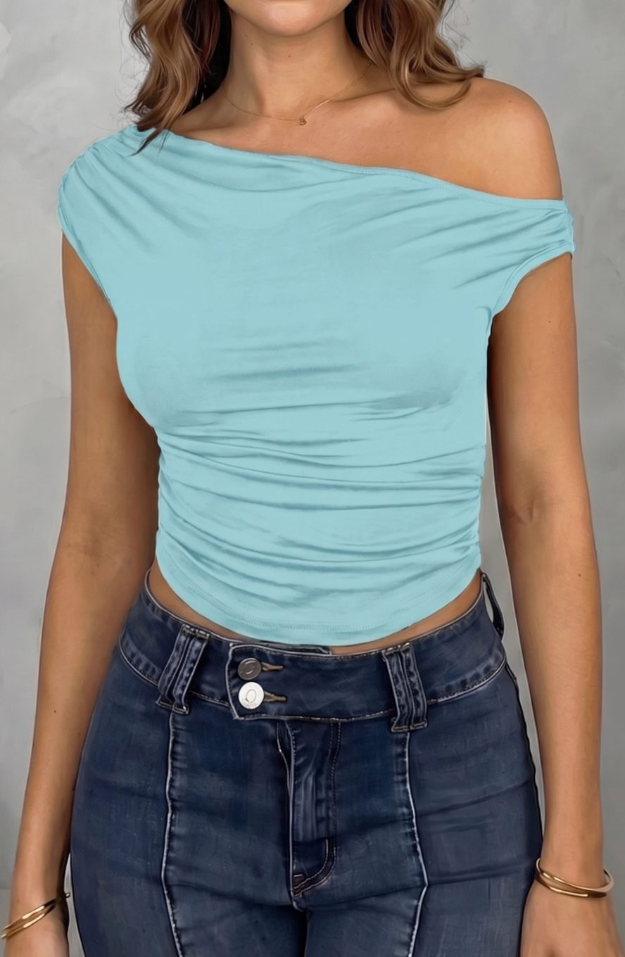 Women's Off-the-Shoulder Ruched Crop Top - Sky Blue