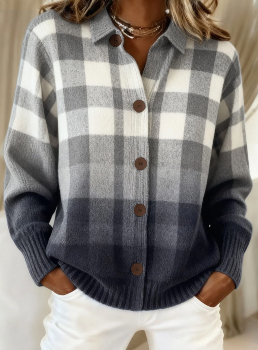 Women's Ombre Plaid Button-Front Knit Cardigan Sweater