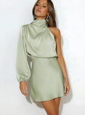 Madison | Women's One-Shoulder Long Sleeve Satin Mini Dress