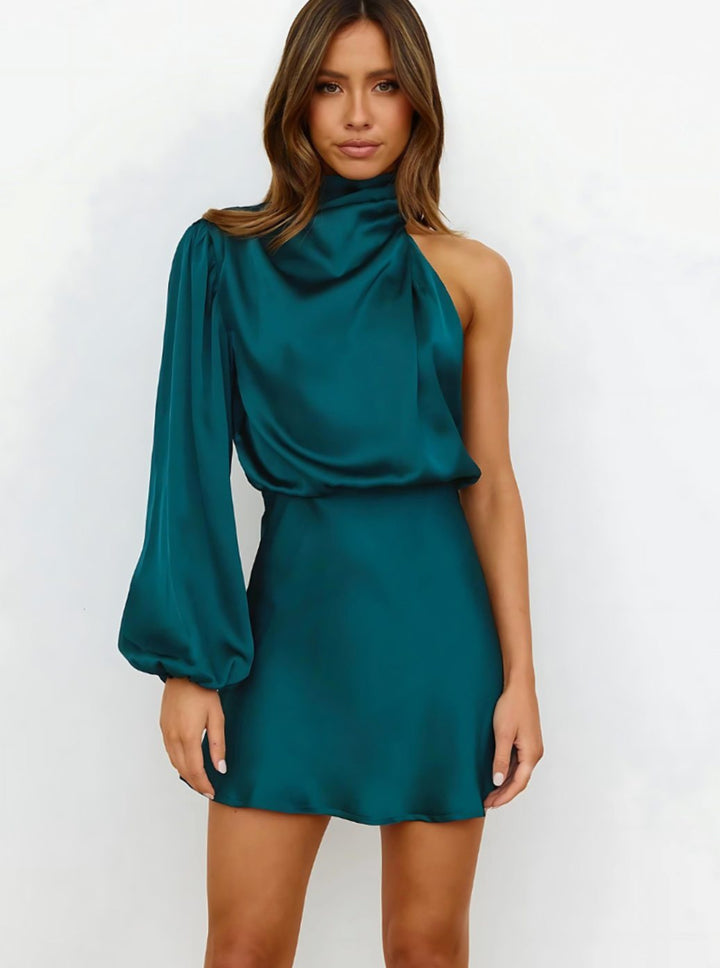 Women's One-Shoulder Long Sleeve Satin Mini Dress - Blue