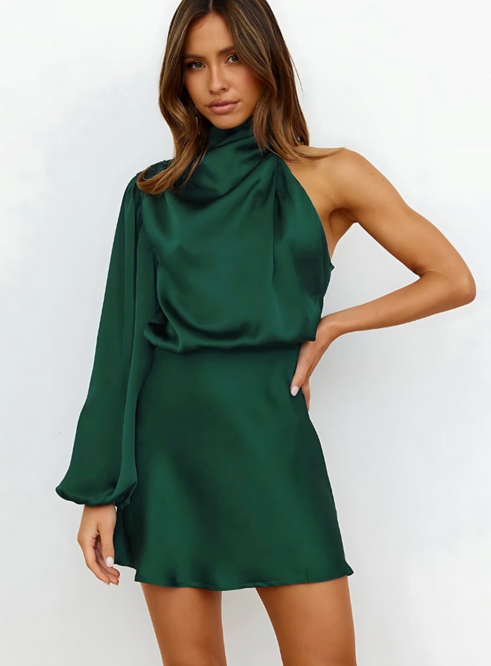Women's One-Shoulder Long Sleeve Satin Mini Dress - Dark Green