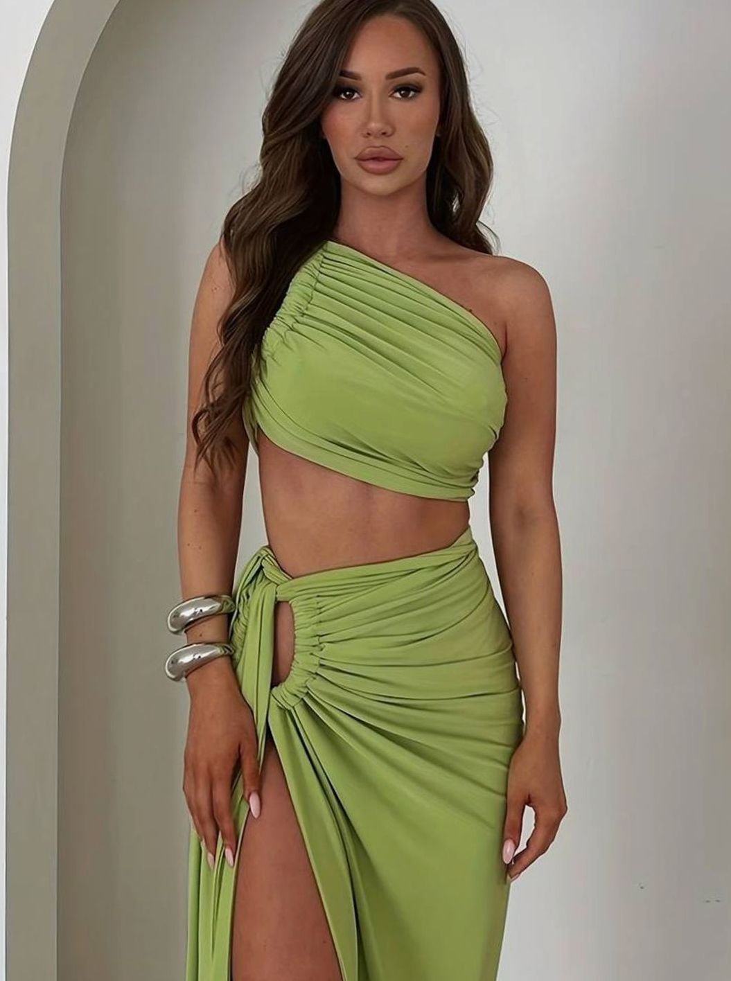 Women's One-Shoulder Ruched Crop Top High-Slit Maxi Skirt Two-Piece Set