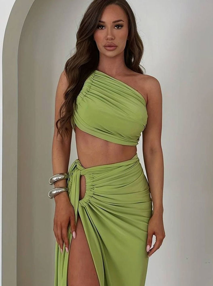 Women's One-Shoulder Ruched Crop Top High-Slit Maxi Skirt Two-Piece Set