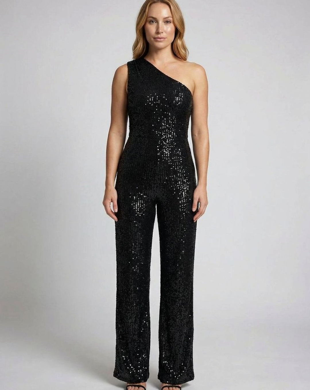 Women's One-Shoulder Sequin Wide-Leg Jumpsuit - S