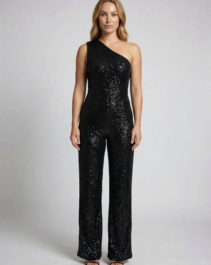 Women's One-Shoulder Sequin Wide-Leg Jumpsuit - S