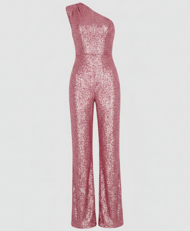 Women's One-Shoulder Sequin Wide-Leg Jumpsuit - S