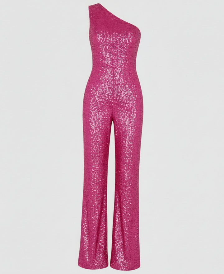 Women's One-Shoulder Sequin Wide-Leg Jumpsuit - S
