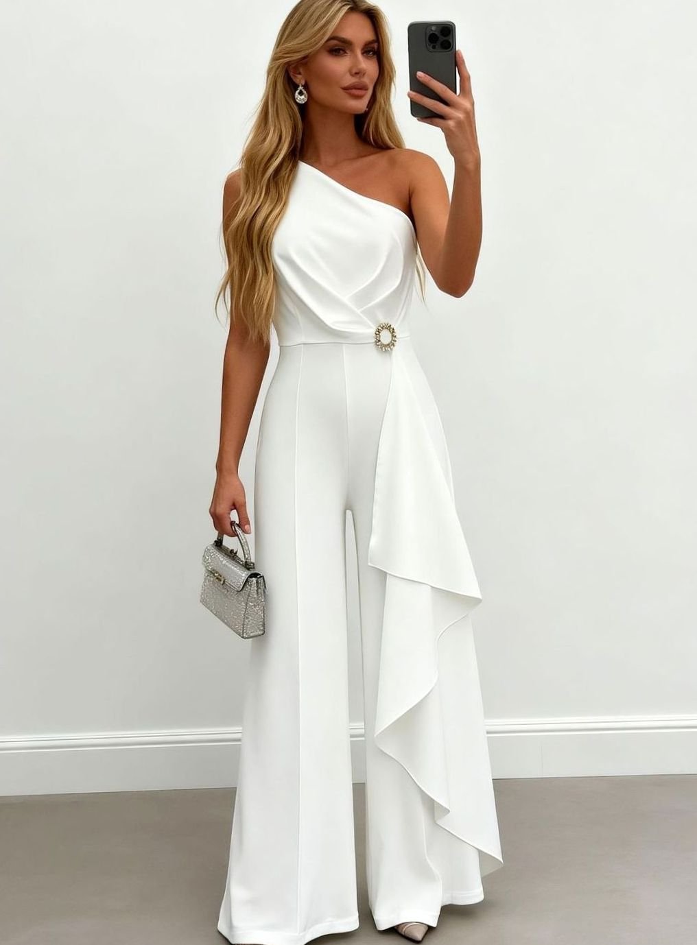 Women's One-Shoulder Wide-Leg Jumpsuit Rhinestone Brooch Ruffle