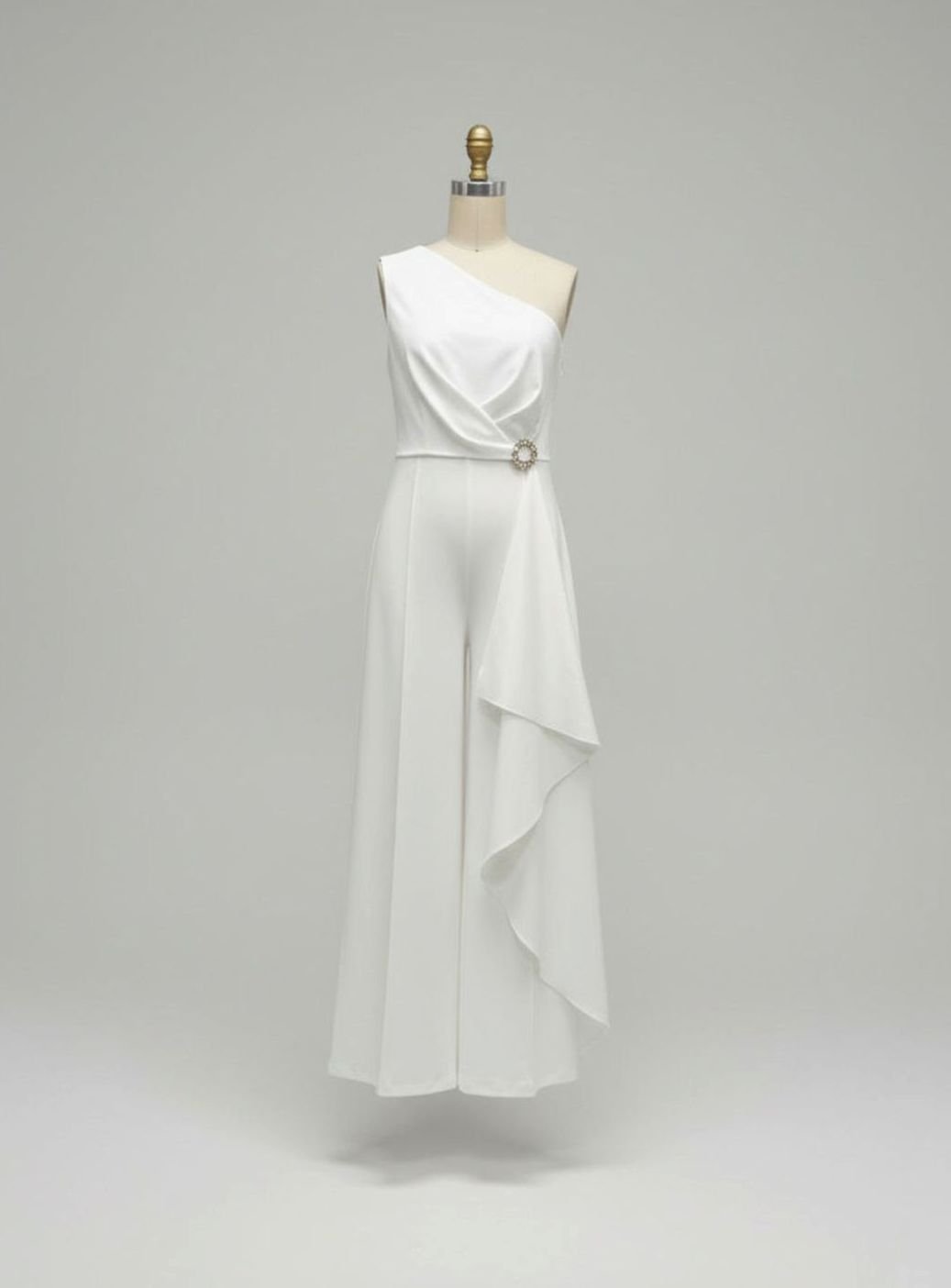 Women's One-Shoulder Wide-Leg Jumpsuit Rhinestone Brooch Ruffle - White