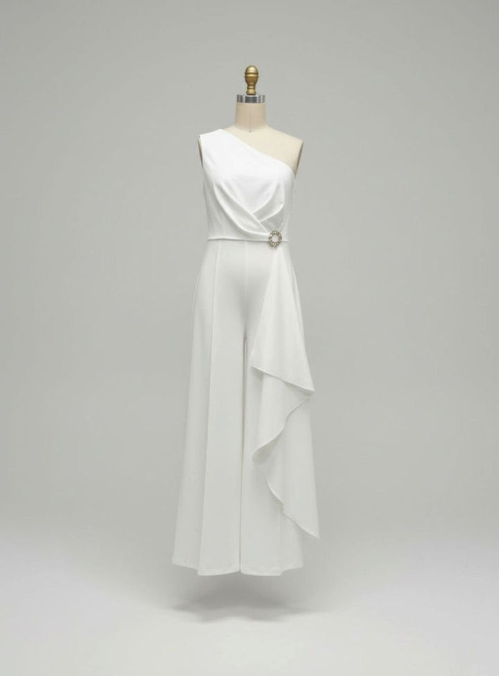 Women's One-Shoulder Wide-Leg Jumpsuit Rhinestone Brooch Ruffle - White