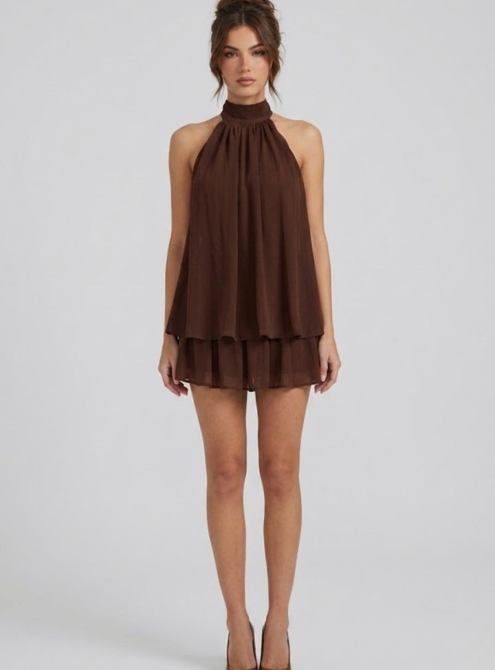 Women's Open-Back Halter-Neck Tiered Ruffle Mini Dress
