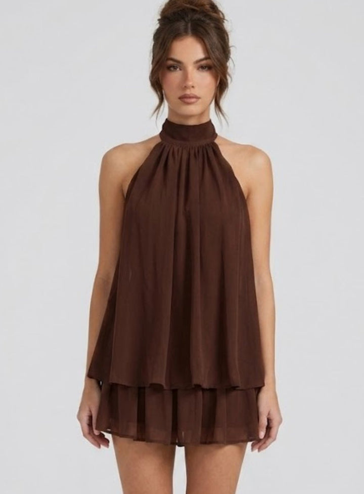 Women's Open-Back Halter-Neck Tiered Ruffle Mini Dress