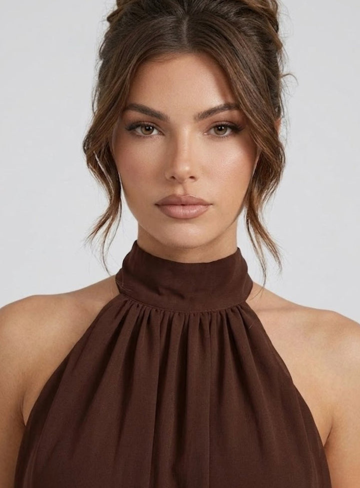 Women's Open-Back Halter-Neck Tiered Ruffle Mini Dress
