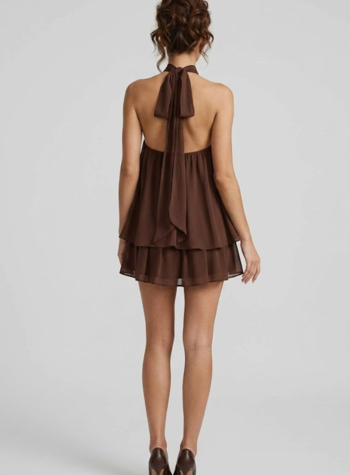 Women's Open-Back Halter-Neck Tiered Ruffle Mini Dress