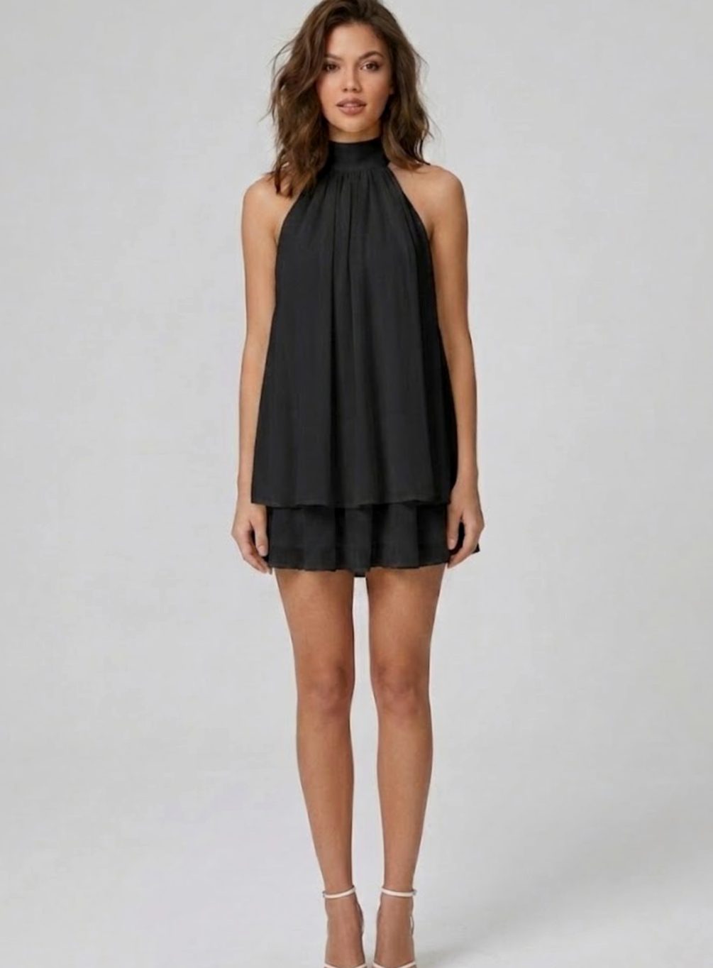 Women's Open-Back Halter-Neck Tiered Ruffle Mini Dress - Black
