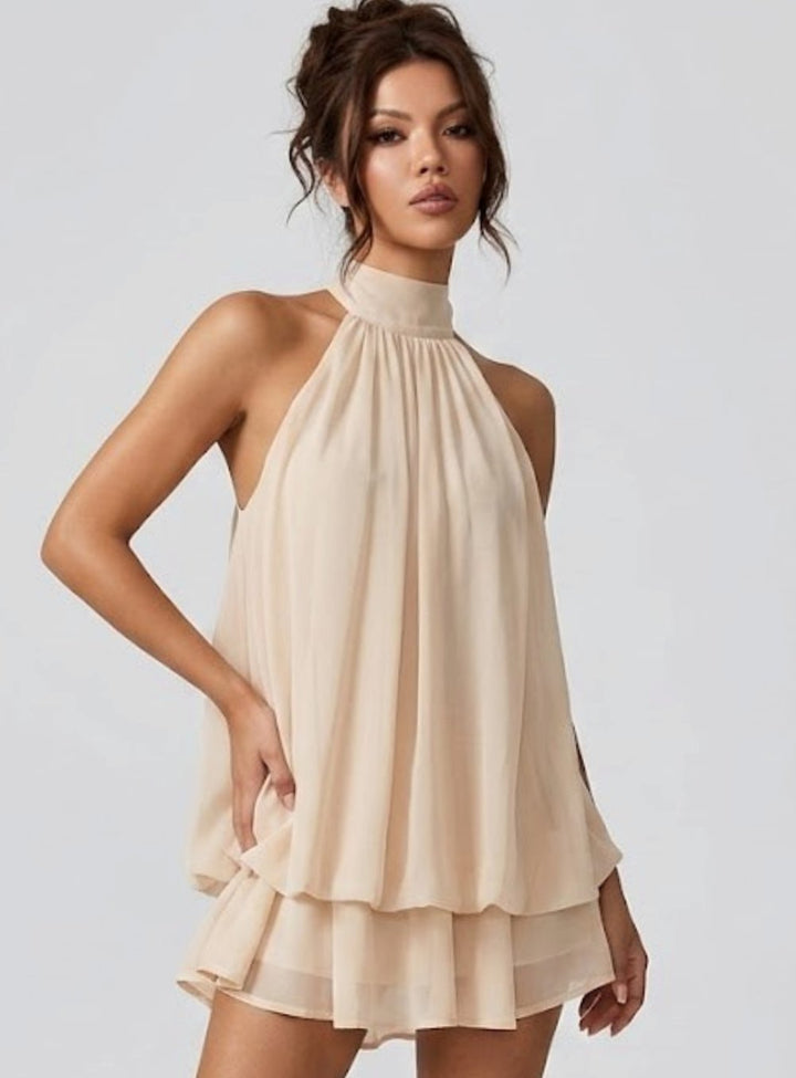 Women's Open-Back Halter-Neck Tiered Ruffle Mini Dress
