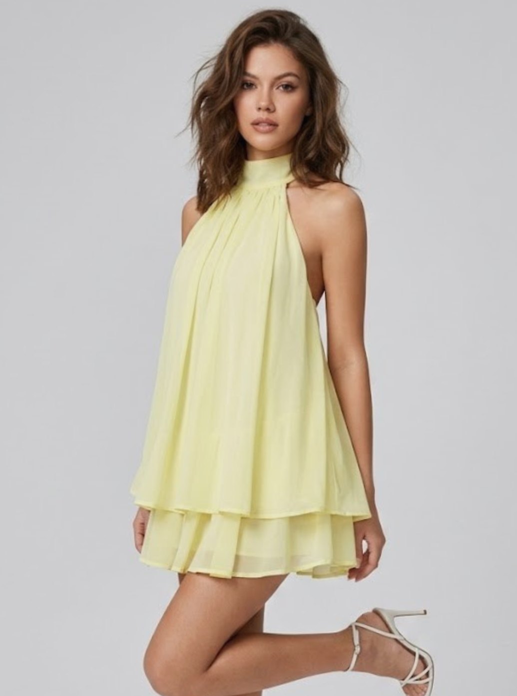 Women's Open-Back Halter-Neck Tiered Ruffle Mini Dress