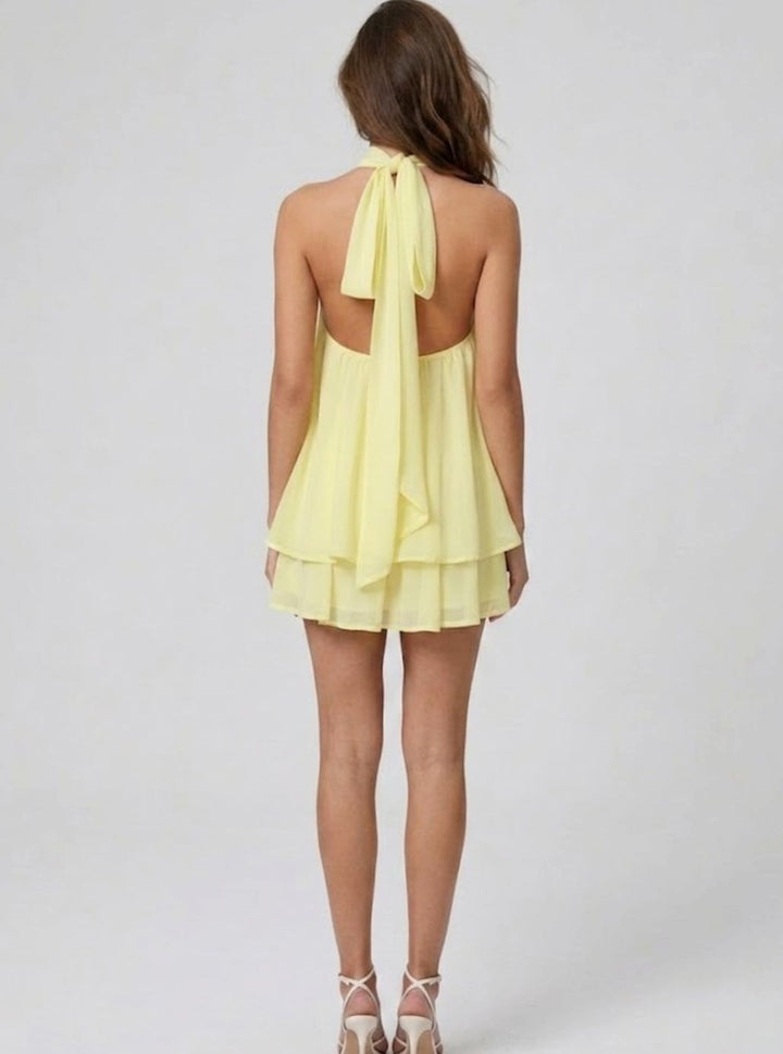 Women's Open-Back Halter-Neck Tiered Ruffle Mini Dress