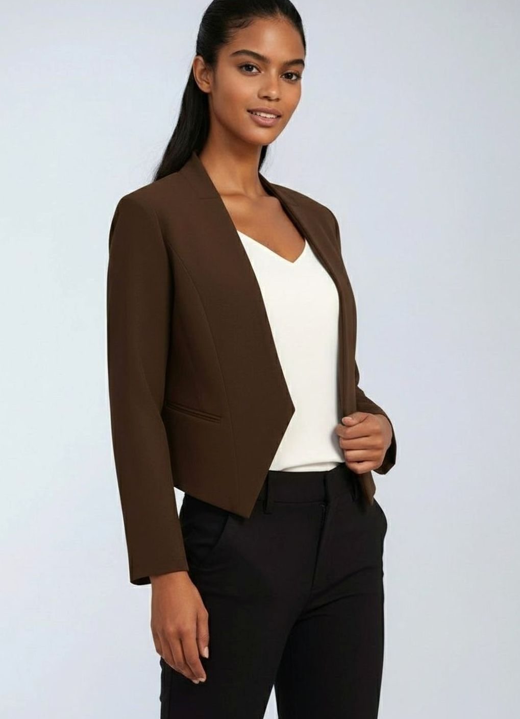 Women's Open-Front Cropped Structured Blazer Jacket - Coffee