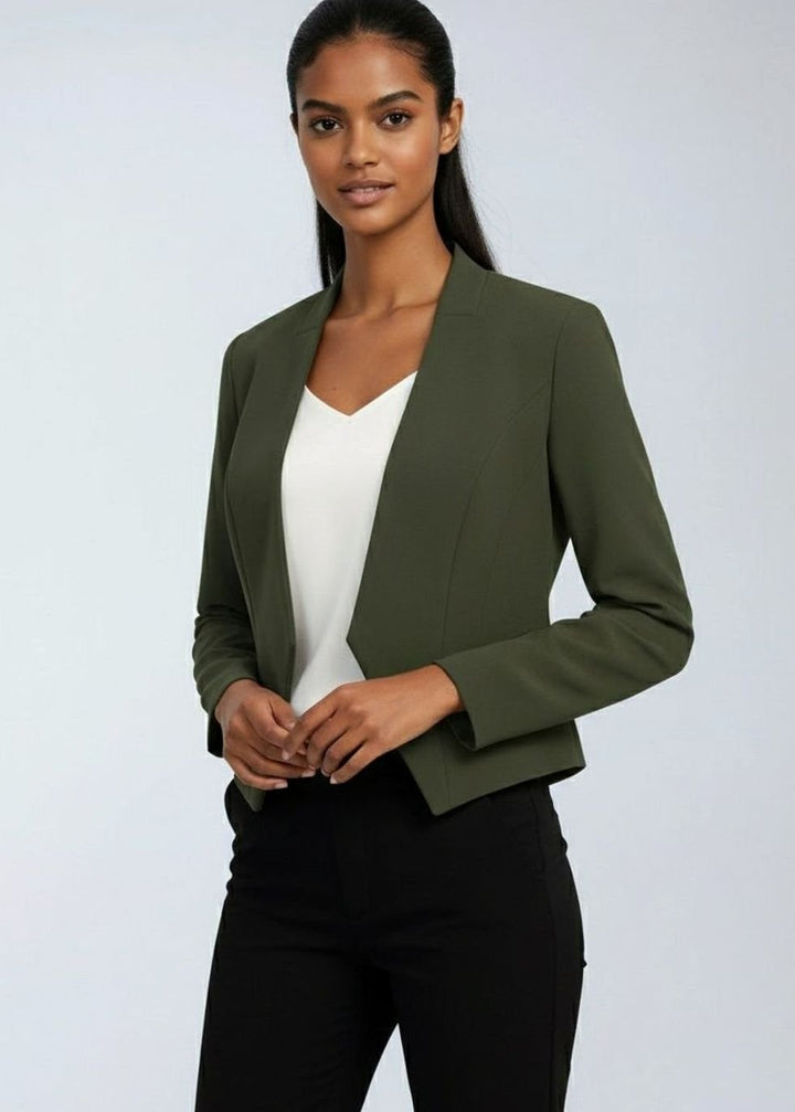 Women's Open-Front Cropped Structured Blazer Jacket - Military Green